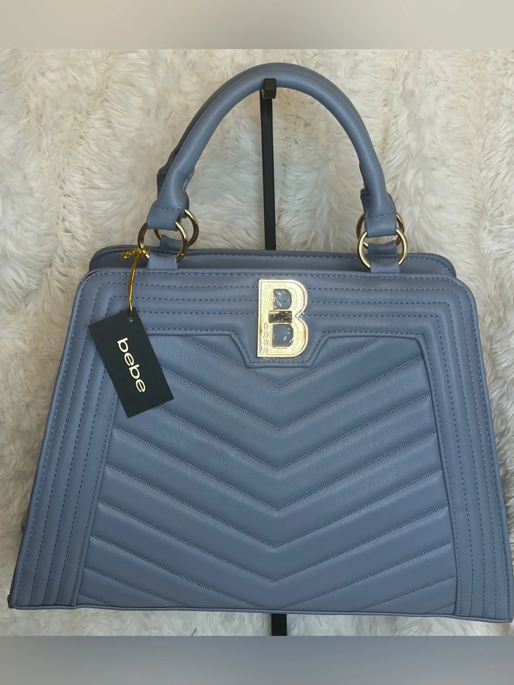 bebe Katrina Quilted Top-Handle Satchel in Slate Blue with Gold Hardware